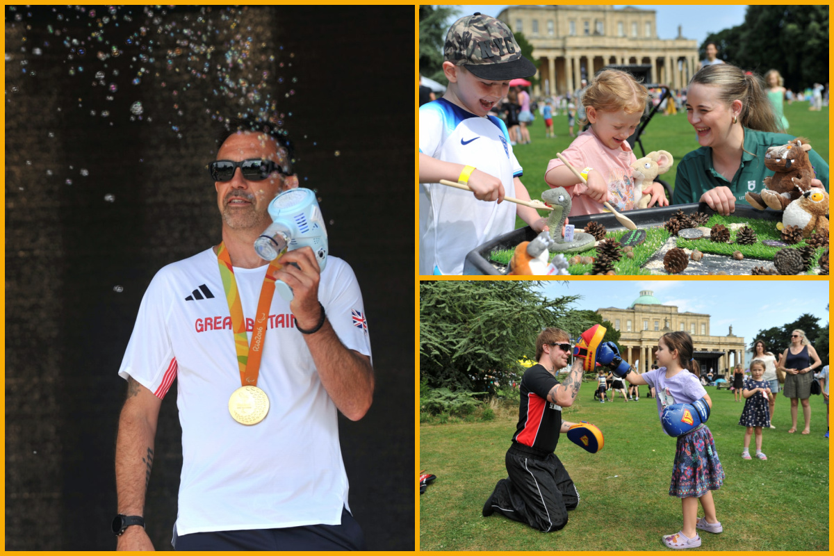 A collage of images of Andy Lewis and families attending Party in the Park photographed by Mikal Ludlow Photography.